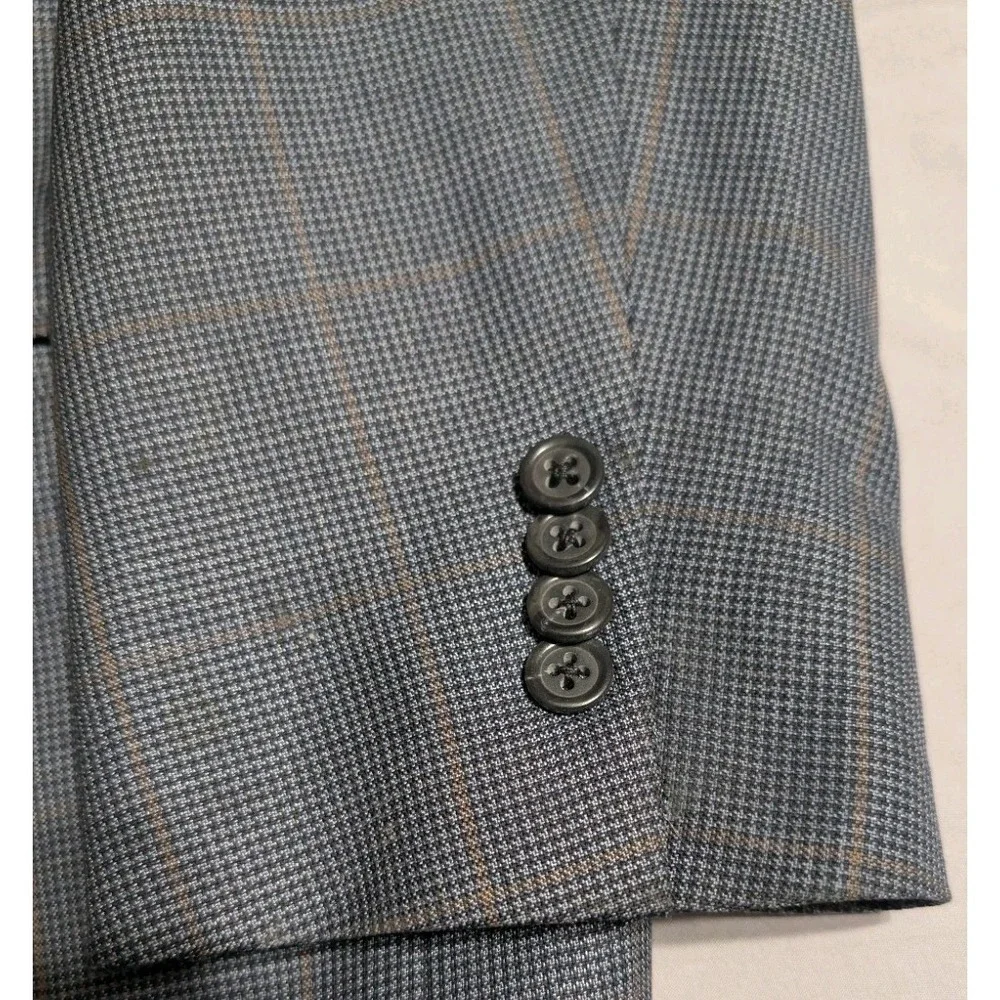 Peter Millar Sport Coat Blazer 46T Blue Windowpane Wool Silk Linen Made Canada